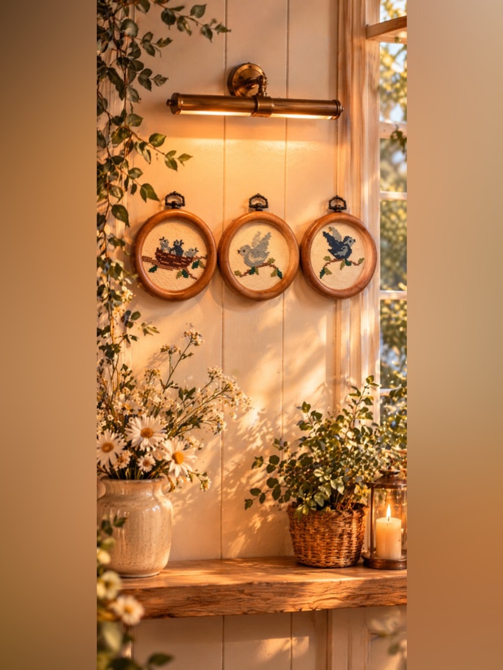 Vintage Mini Bird Embroidery Wall Art Set (3) • Wooden Hoop Frames • Folk Story - Picture 12 of 13
